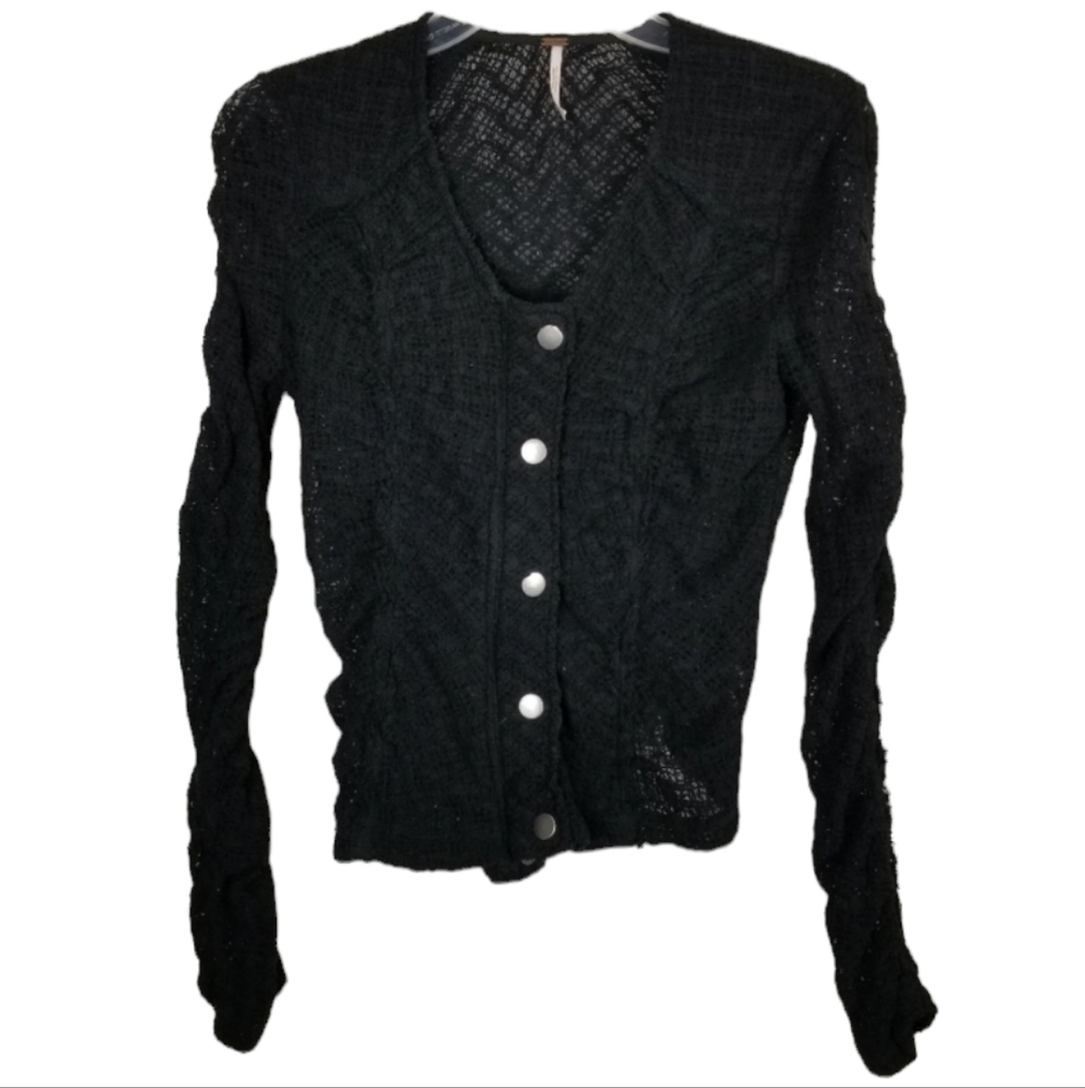 Free People Open Knit Black Zip Snap Cardigan Sweater Ruched Sleeve Cropped XS